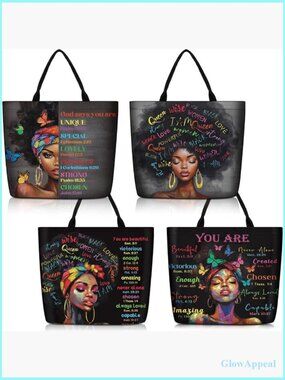 4 Pack African American Tote Bags Canvas Satchel Shoulder Bag for Work Travel
